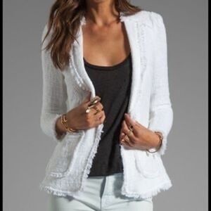 Rebecca Taylor Off White Tweed Fringe Open Front Blazer Jacket Womens Size 6